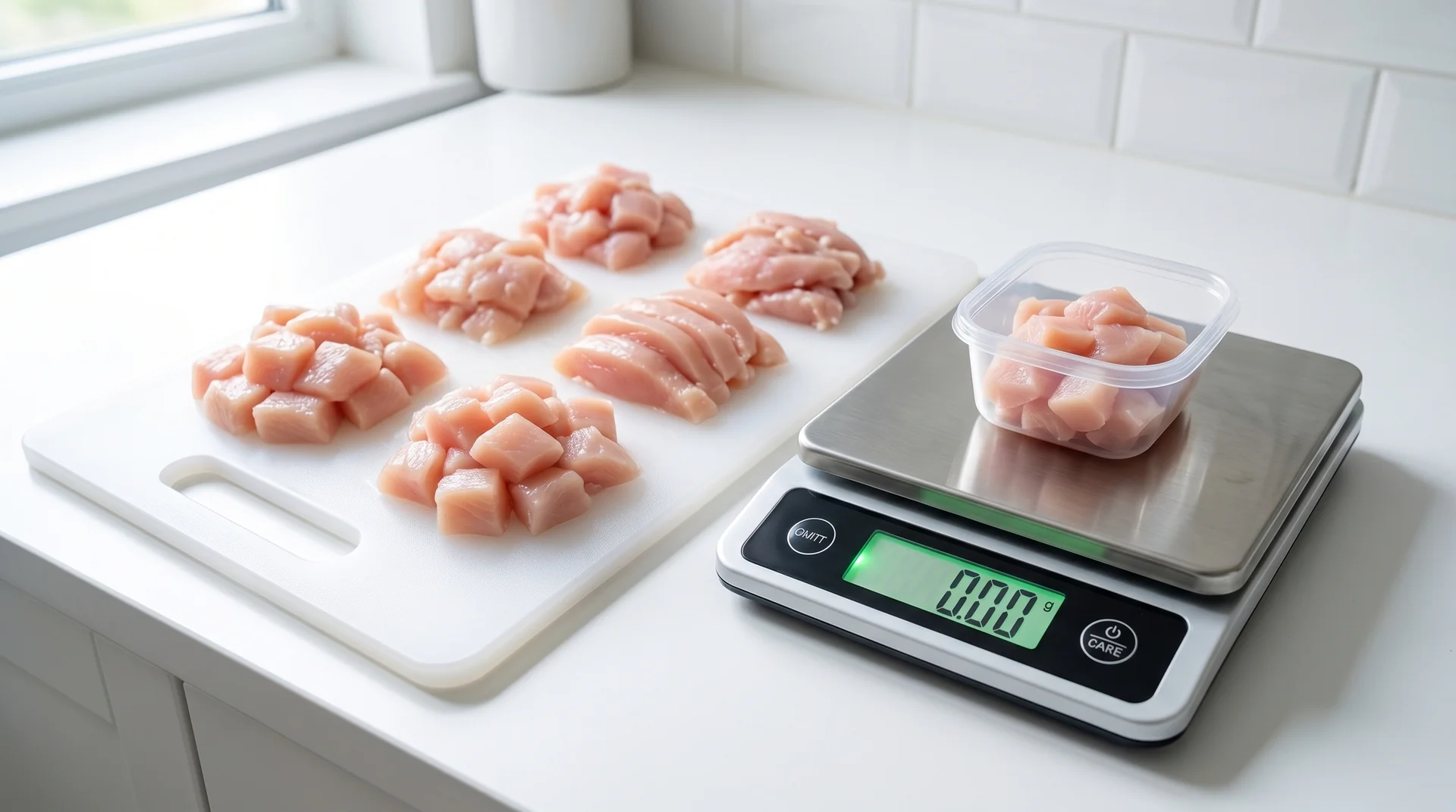 Sauber portionierte rohe Fleischstücke auf einer Arbeitsplatte mit Küchenwaage im Hintergrund