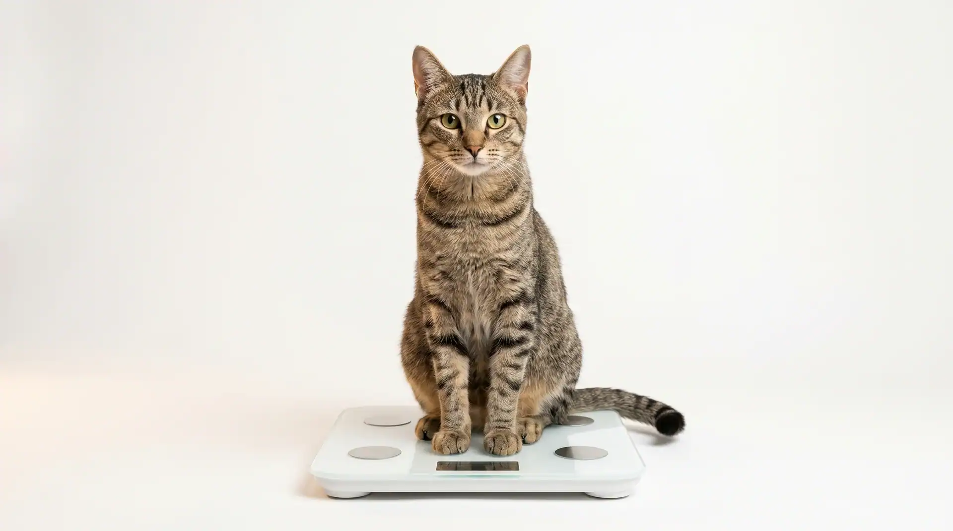 Schlanke getigerte Katze sitzt ruhig auf einer Personenwaage auf weißem Hintergrund