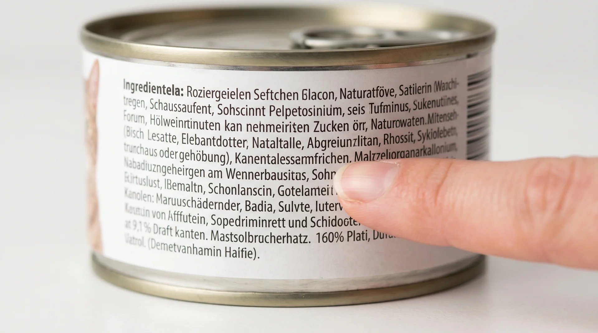 Nahaufnahme der Zutatenliste auf einer Katzenfutterdose mit Finger, der eine Zeile verfolgt