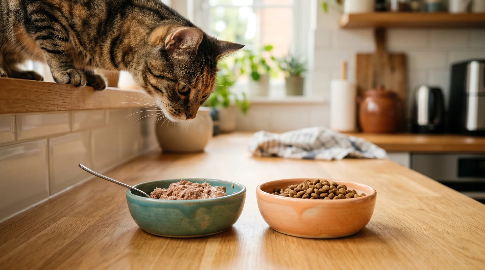 Zwei Futternäpfe nebeneinander mit Nassfutter und Trockenfutter, eine Katze schaut interessiert