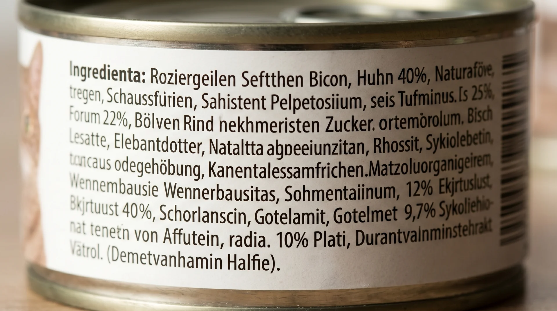 Rückseite einer Katzenfutterdose mit offener Deklaration und Prozentangaben klar lesbar