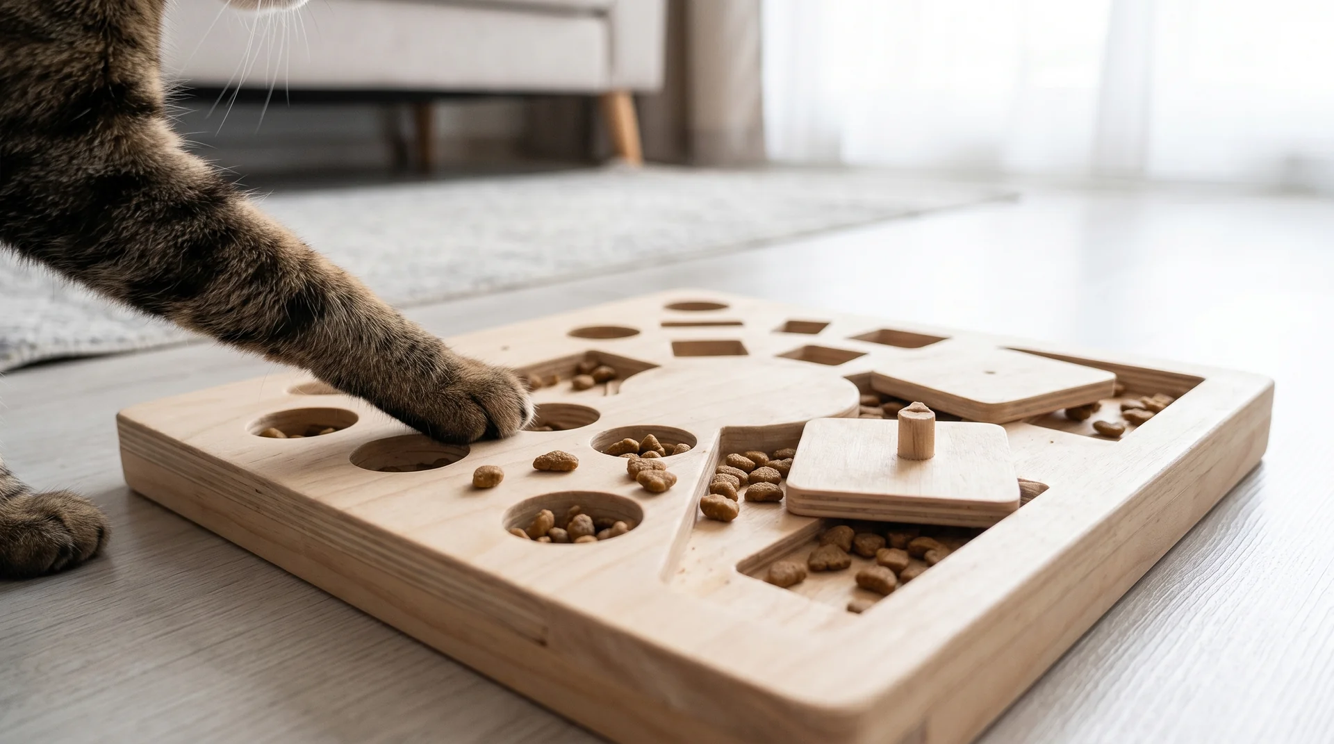 Katzenschüssel mit Trockenfutter und ein Fummelbrett zur Beschäftigung auf dem Wohnzimmerboden