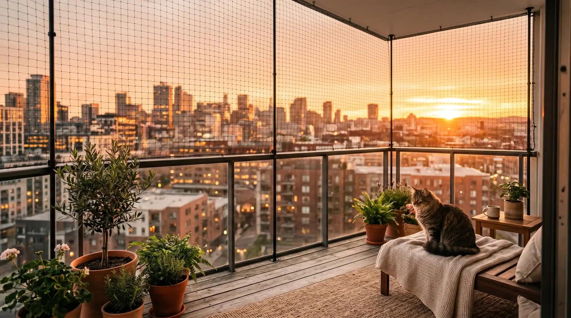 Wohnungskatze auf dem katzengesichert vernetzten Balkon bei Sonnenuntergang in moderner Stadtwohnung