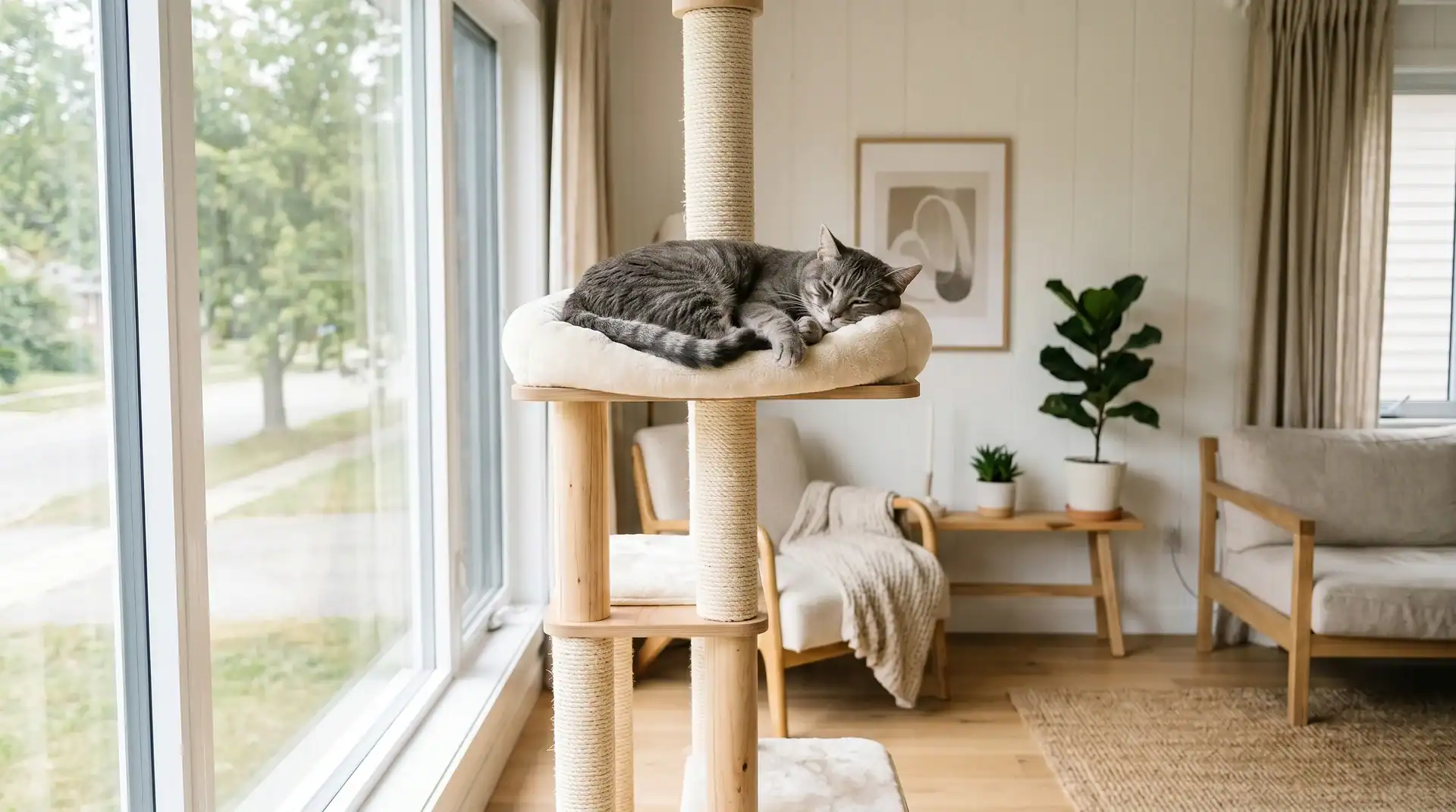 Entspannte Wohnungskatze auf erhöhter Kratzbaum-Plattform mit Blick über das Wohnzimmer