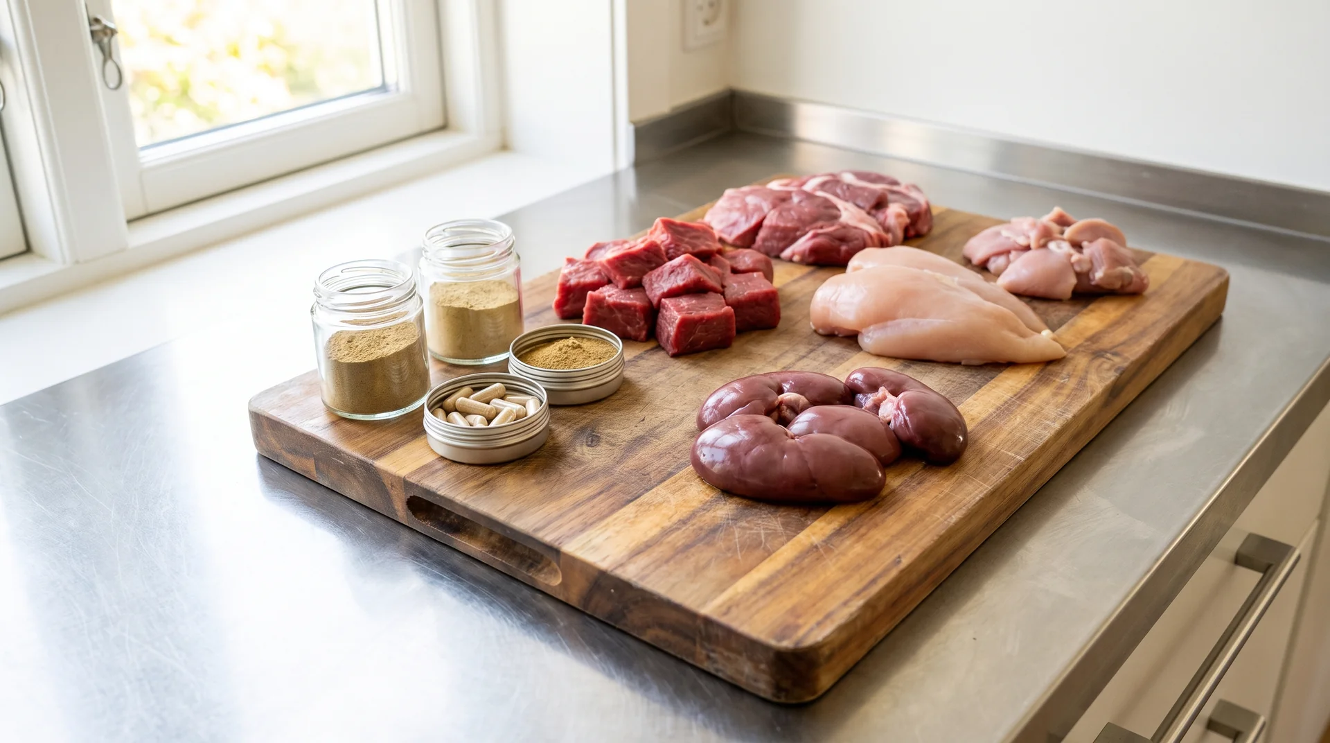 BARF bei Katzen, frisches Rohfleisch und Ergänzungen auf einem Holzbrett