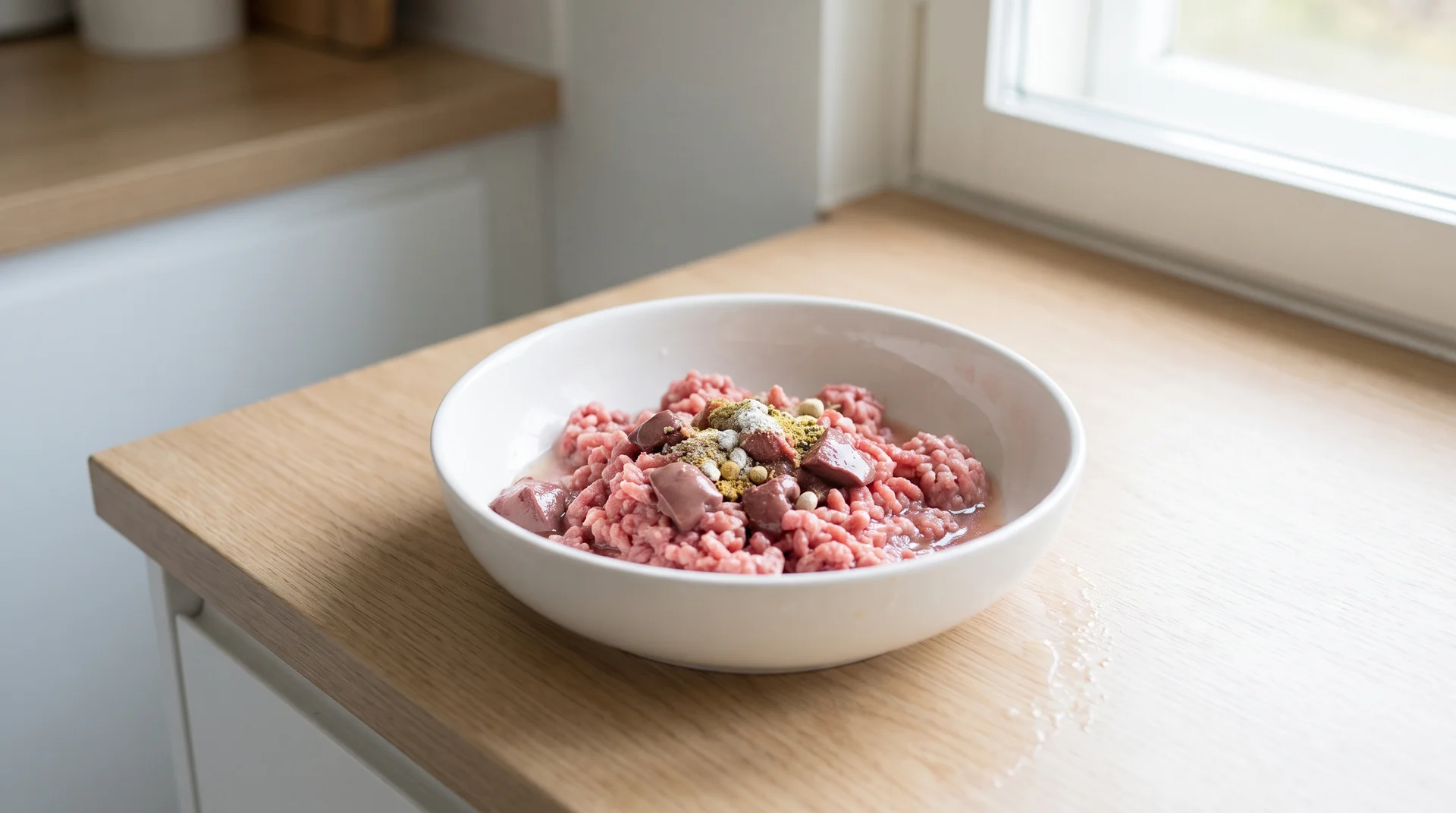 Frisch portionierte BARF-Mahlzeit mit hohem Feuchtigkeitsanteil