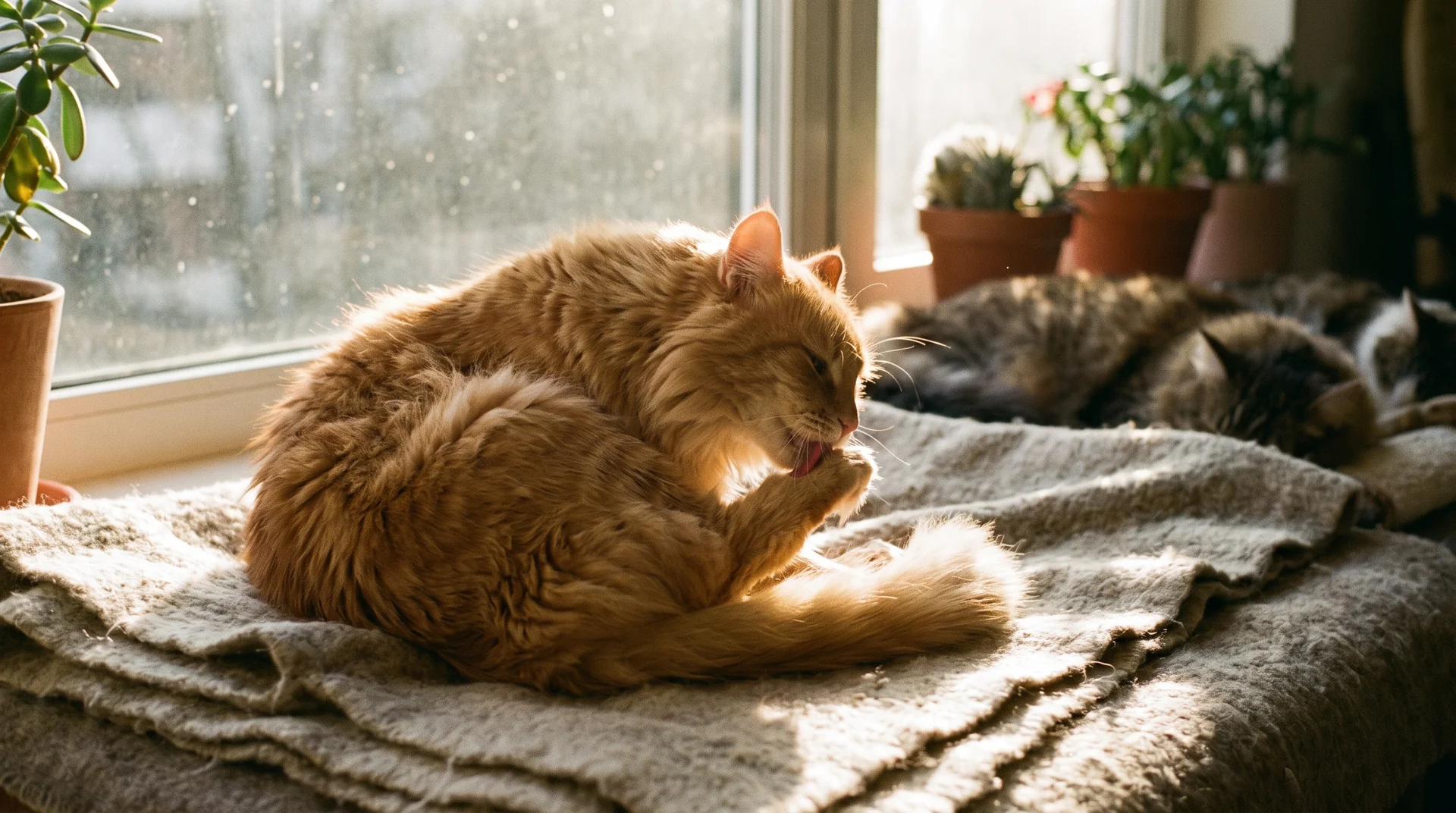 Haarballen bei Katzen entstehen bei der Fellpflege, hier putzt sich eine Katze