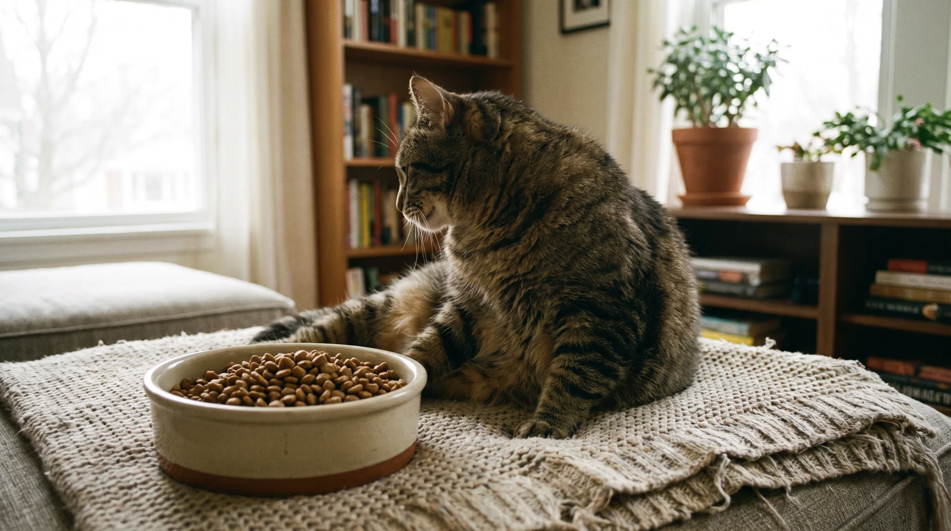 Katze frisst nicht und sitzt abgewandt vor einem vollen Futternapf