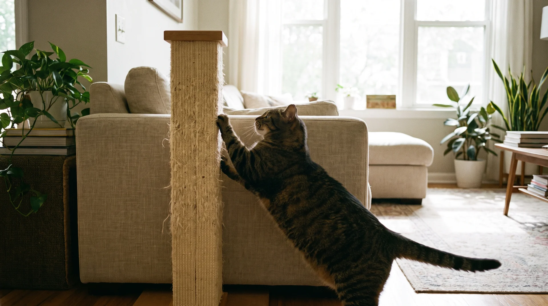 Stabiler Sisal-Kratzbaum neben dem Sofa als Alternative