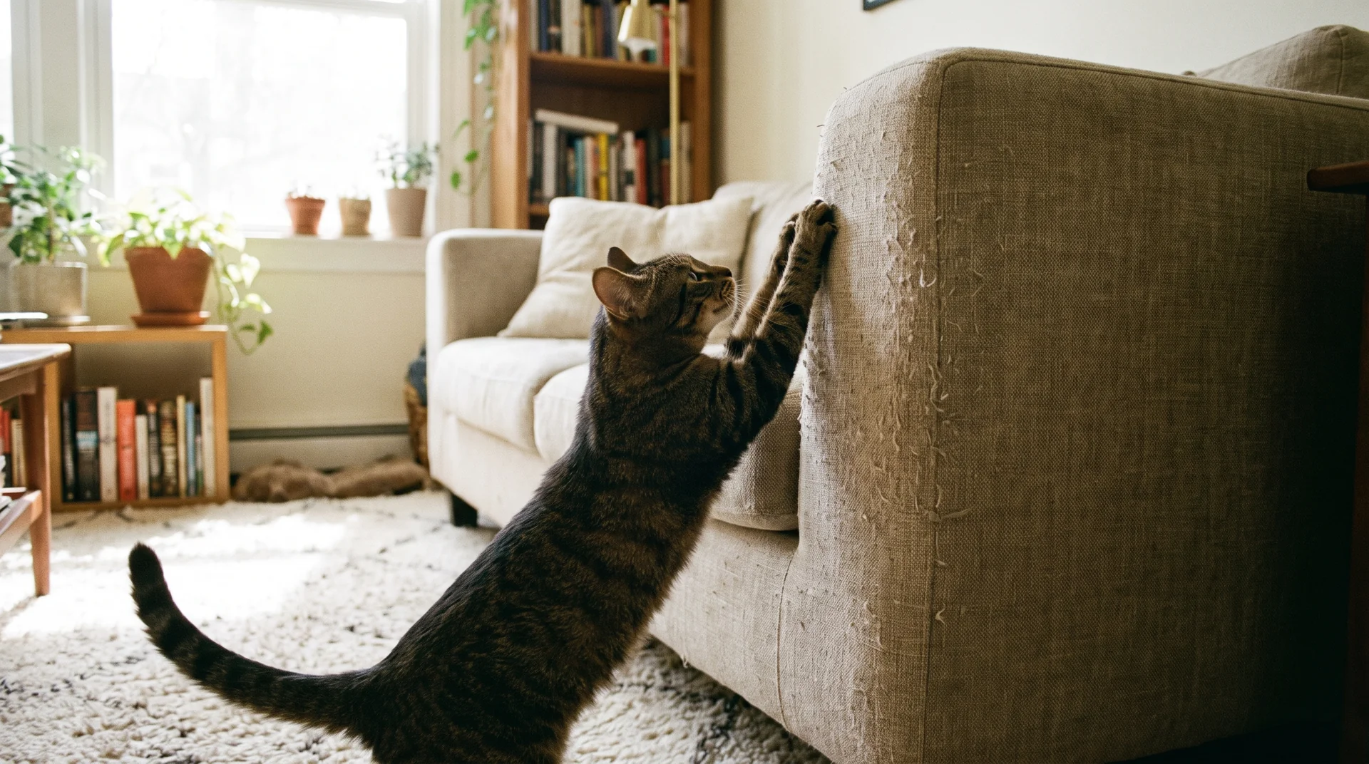 Katze kratzt am Sofa als natürliches Markierungsverhalten