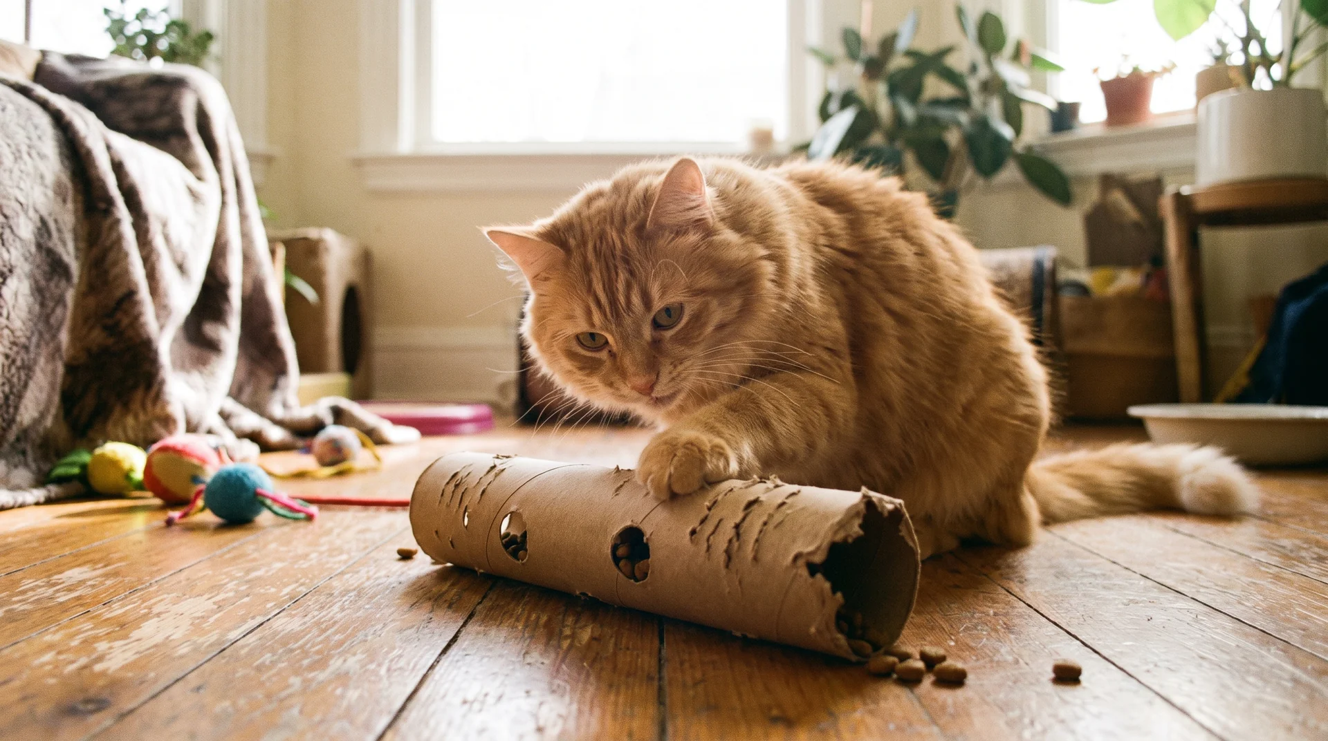 Katze spielt mit einem selbstgemachten Klorollen-Snackspender