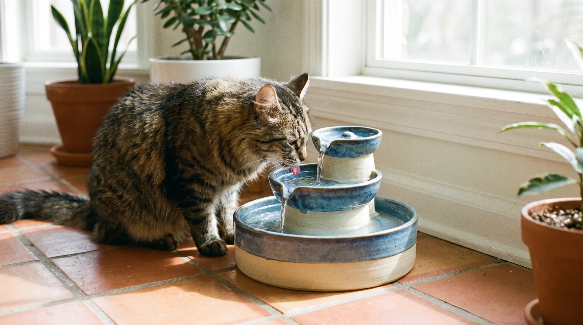 Katze trinkt aus einem leisen Keramik-Trinkbrunnen zur besseren Wasseraufnahme