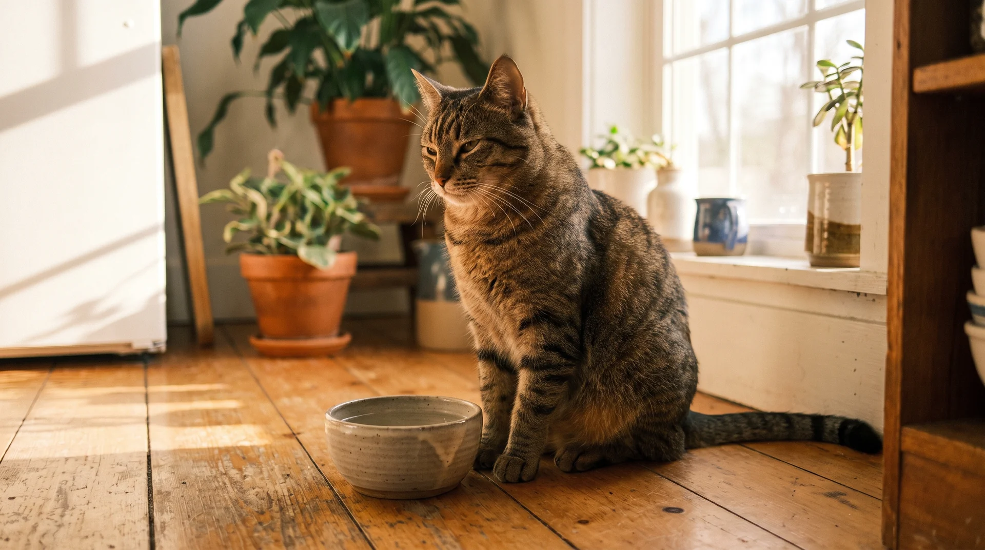 Katze trinkt zu wenig Wasser und schaut skeptisch auf einen Keramiknapf
