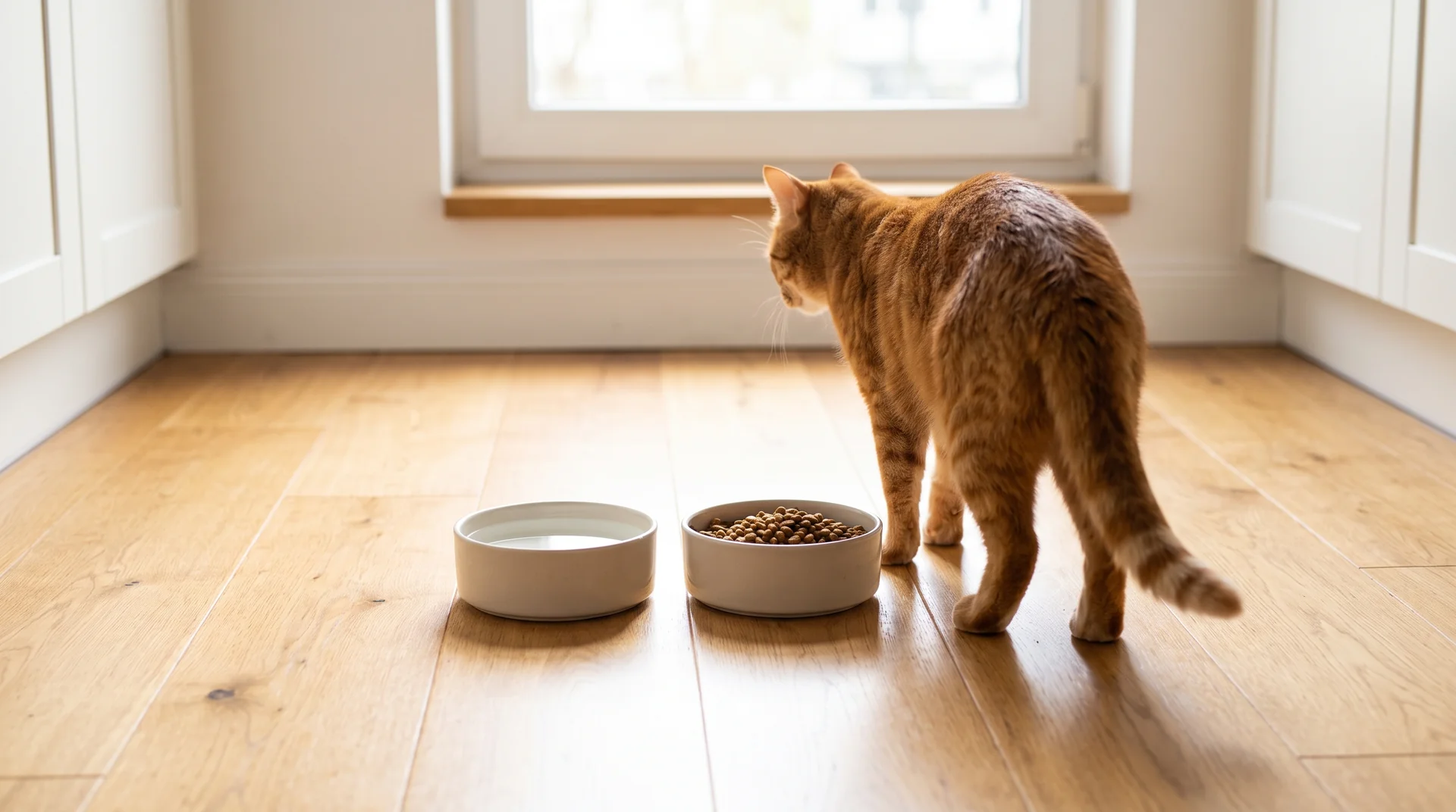 Wassernapf direkt neben dem Futter — ein häufiger Grund, warum eine Katze zu wenig Wasser trinkt