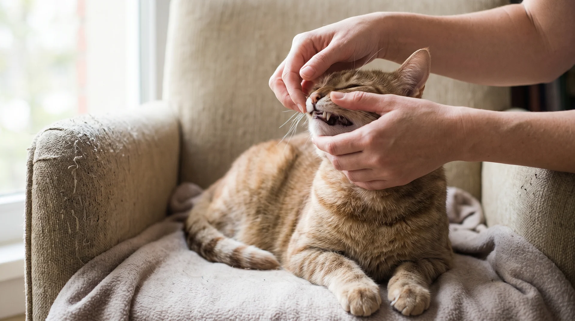 Halter schaut der Katze für einen schnellen Zahncheck ins Maul