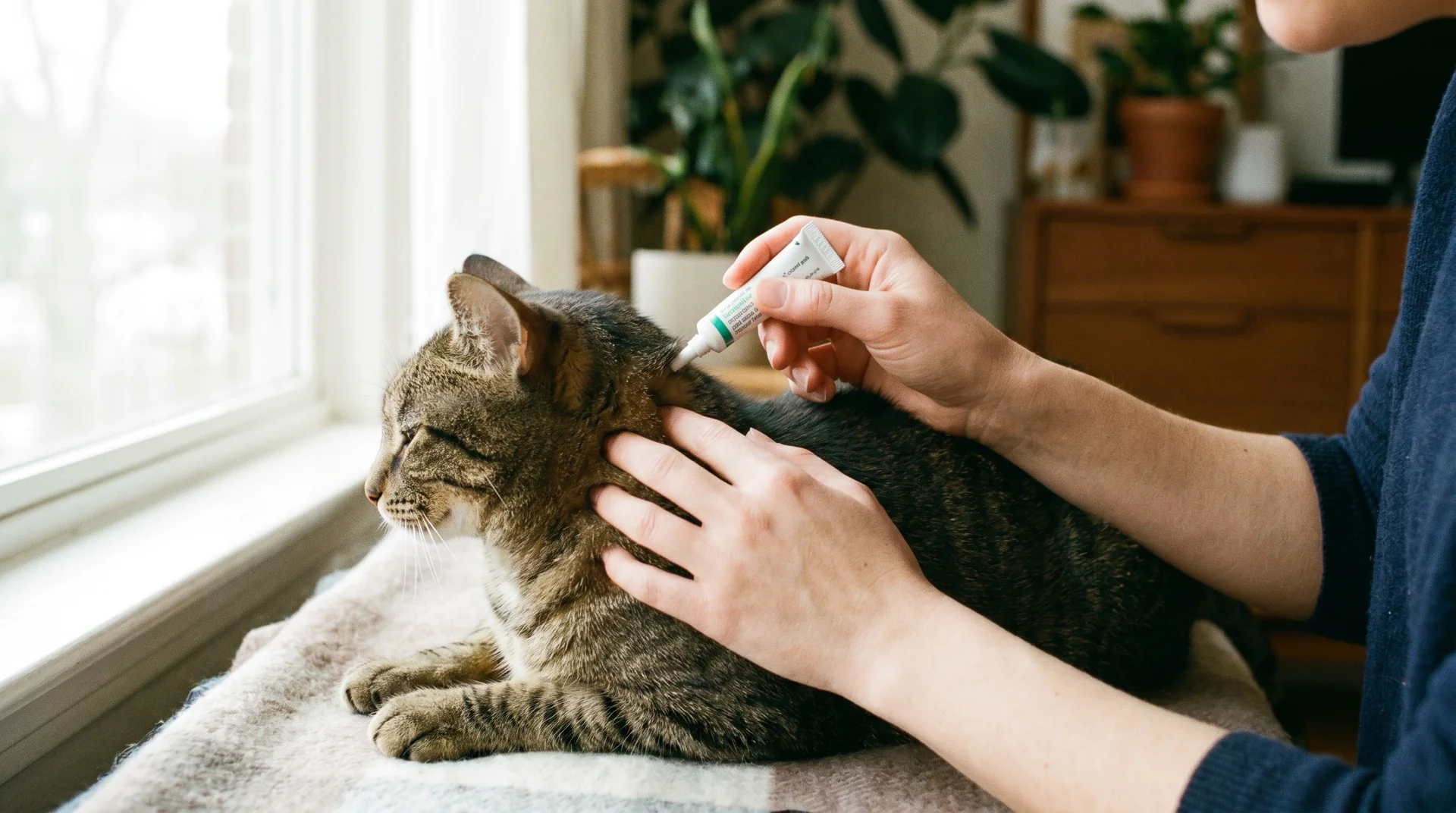 Sicheres Spot-on-Zeckenmittel speziell für Katzen wird aufgetragen