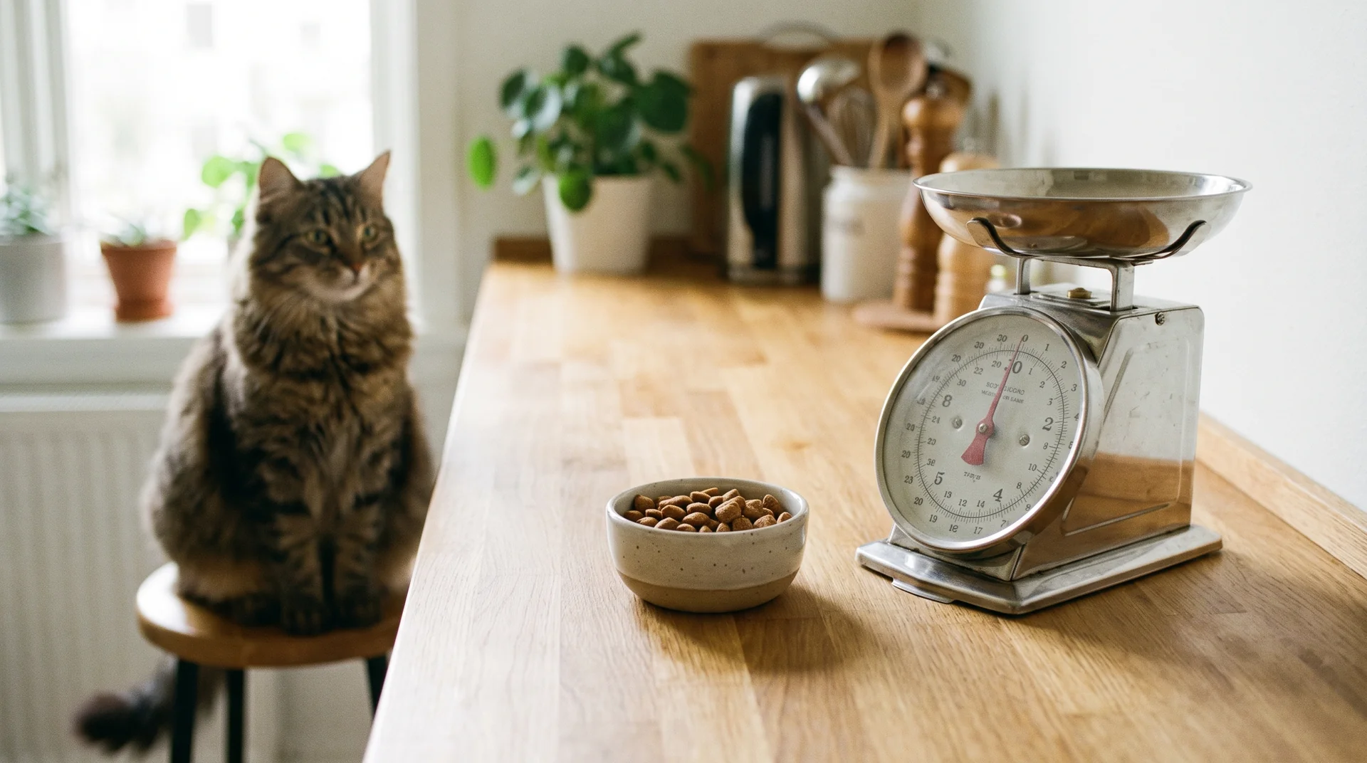 Katzen Leckerli in einer kleinen Schale neben einer Küchenwaage