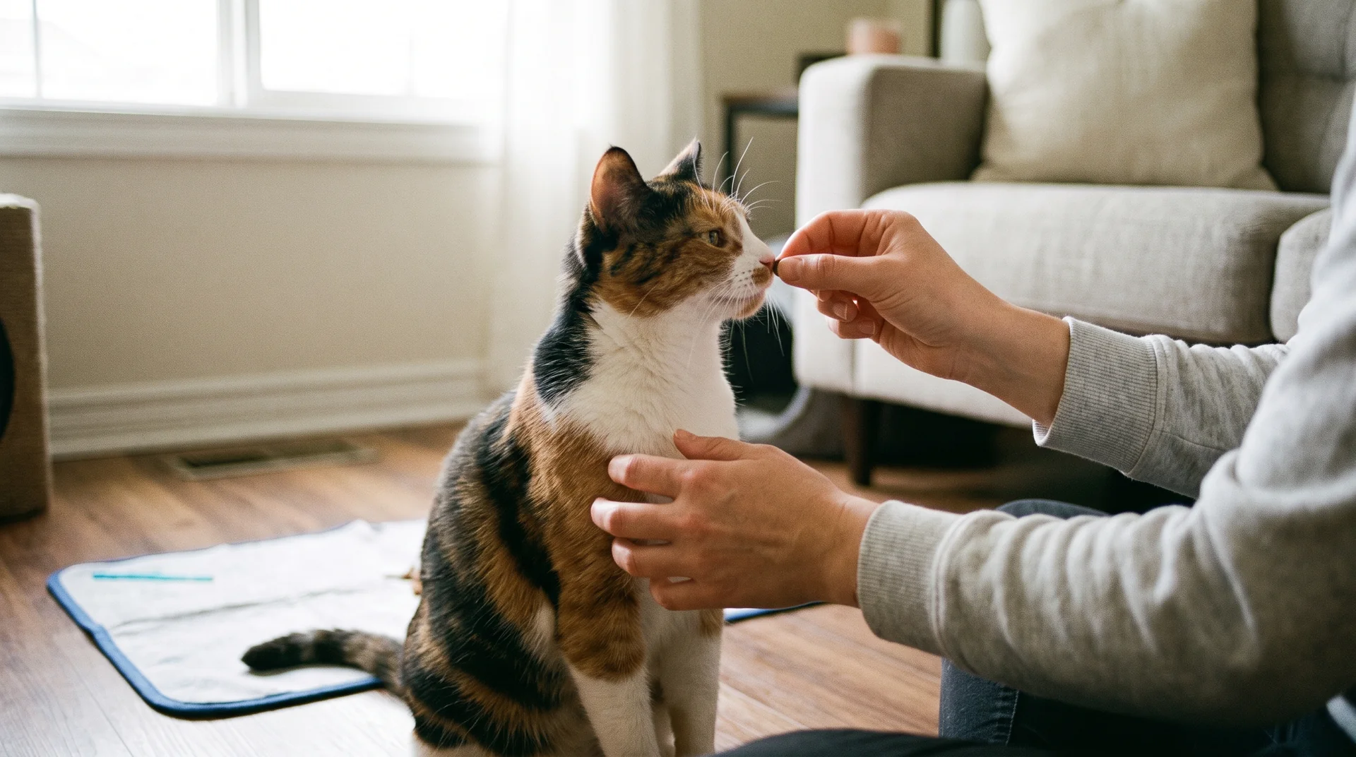 Katze bekommt ein kleines Leckerli als Belohnung im Training