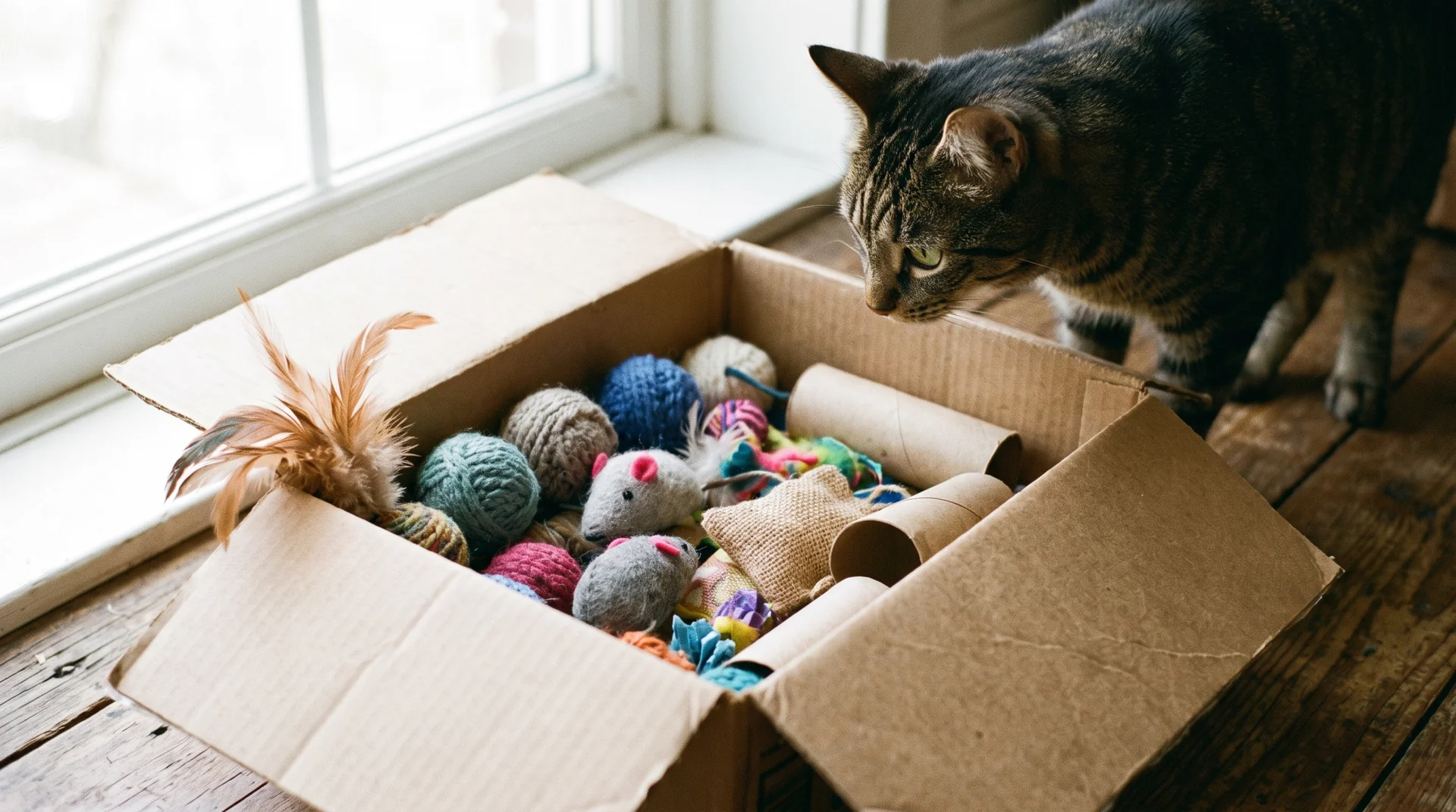 Selbstgemachtes Katzenspielzeug in einer Kiste zum Rotieren aufbewahrt