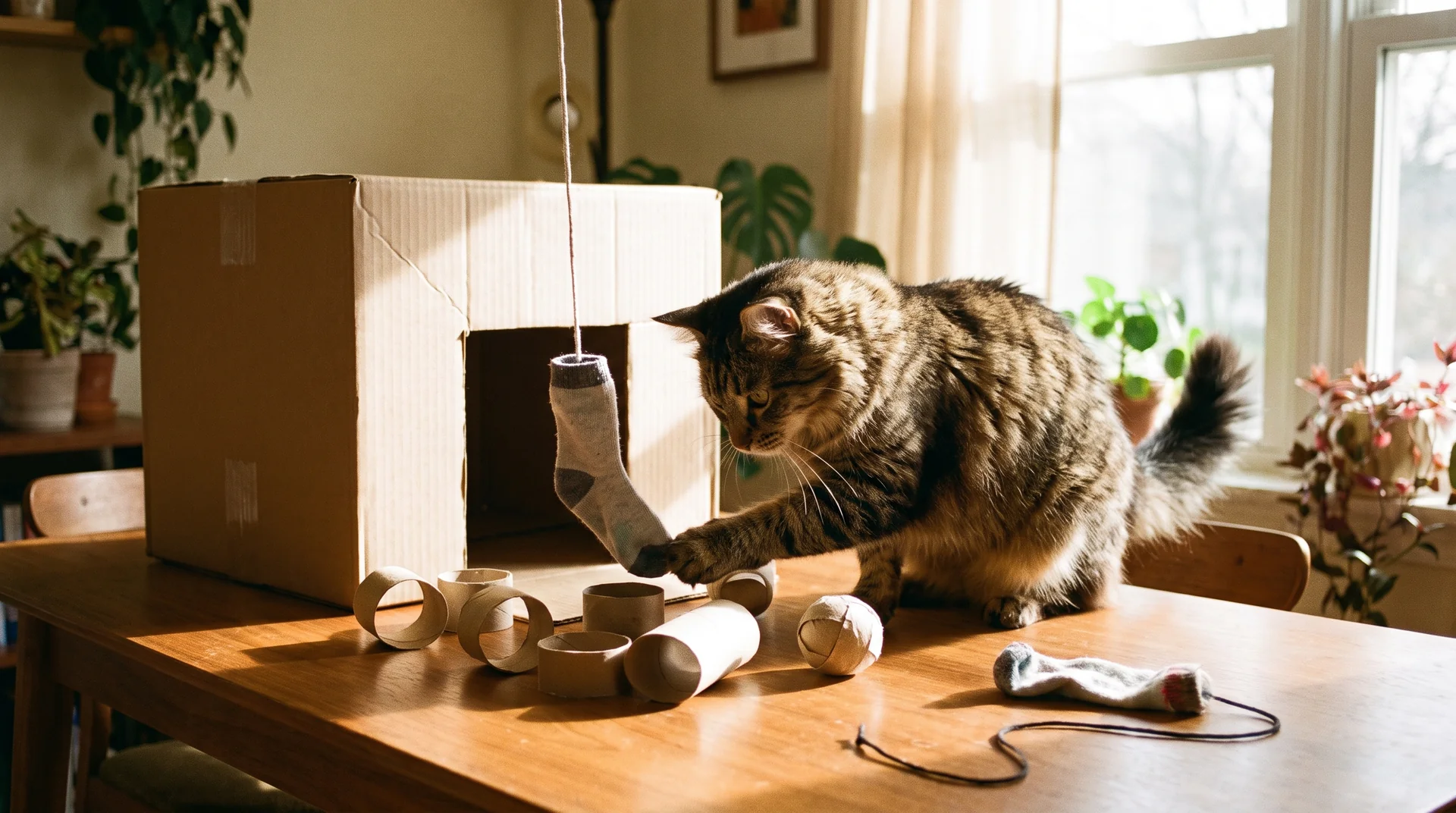 Katzenspielzeug selber machen aus Alltagsgegenständen wie Klorolle und Karton