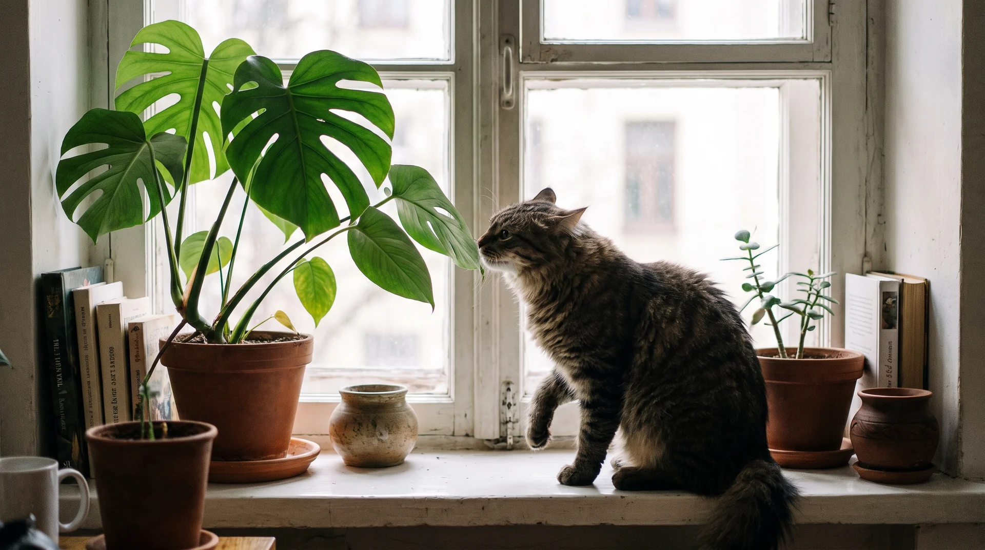 Vergiftung bei Katzen, neugierige Katze neben einer Zimmerpflanze