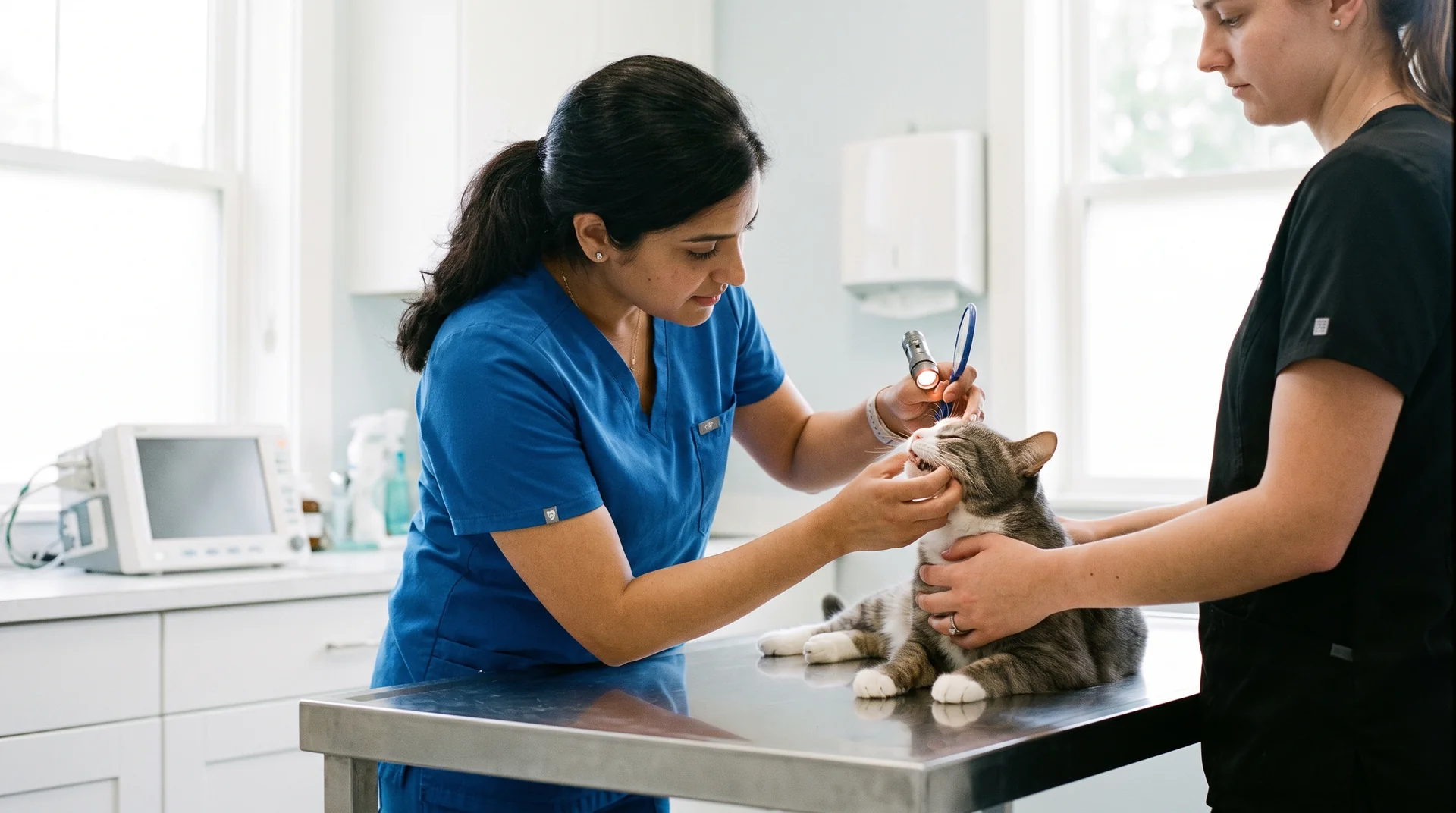 Tierärztin kontrolliert die Zähne einer Katze bei der jährlichen Untersuchung