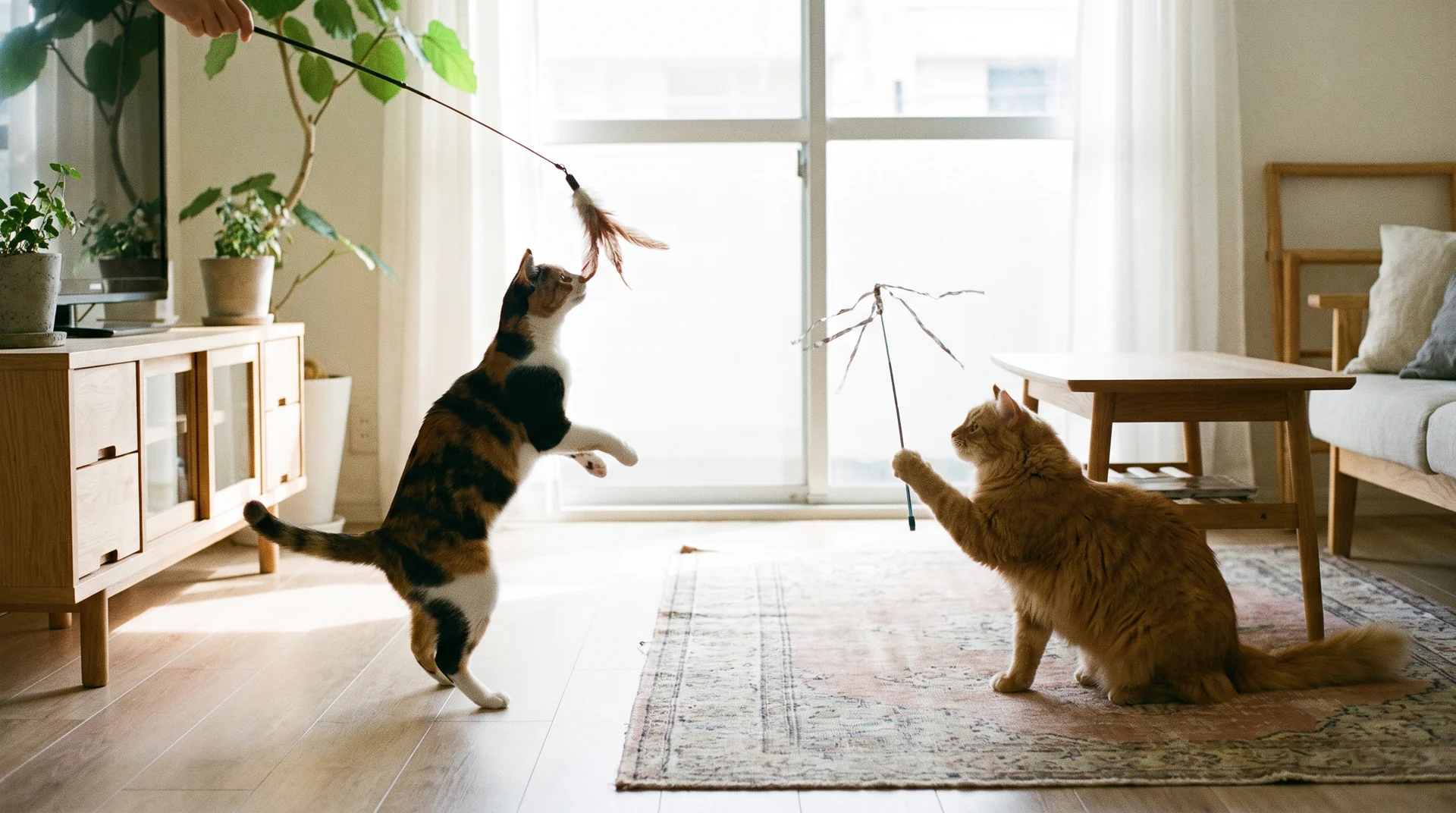 Zwei Katzen spielen mit Abstand gleichzeitig zur Annaeherung