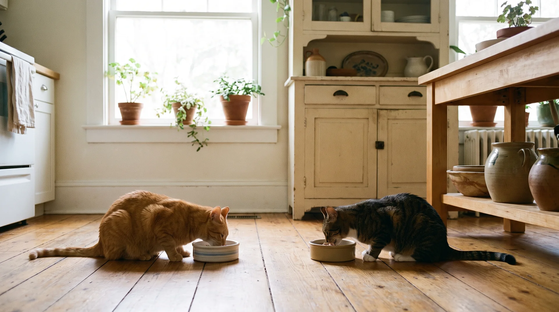 Getrennte Futternäpfe für zwei Katzen zur Vermeidung von Revierstreit