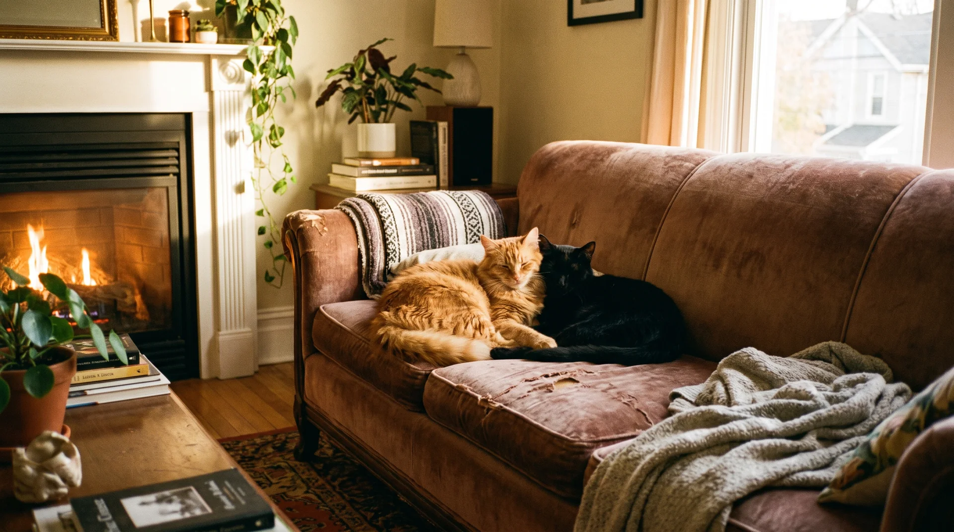 Zwei Katzen liegen entspannt nebeneinander auf dem Sofa