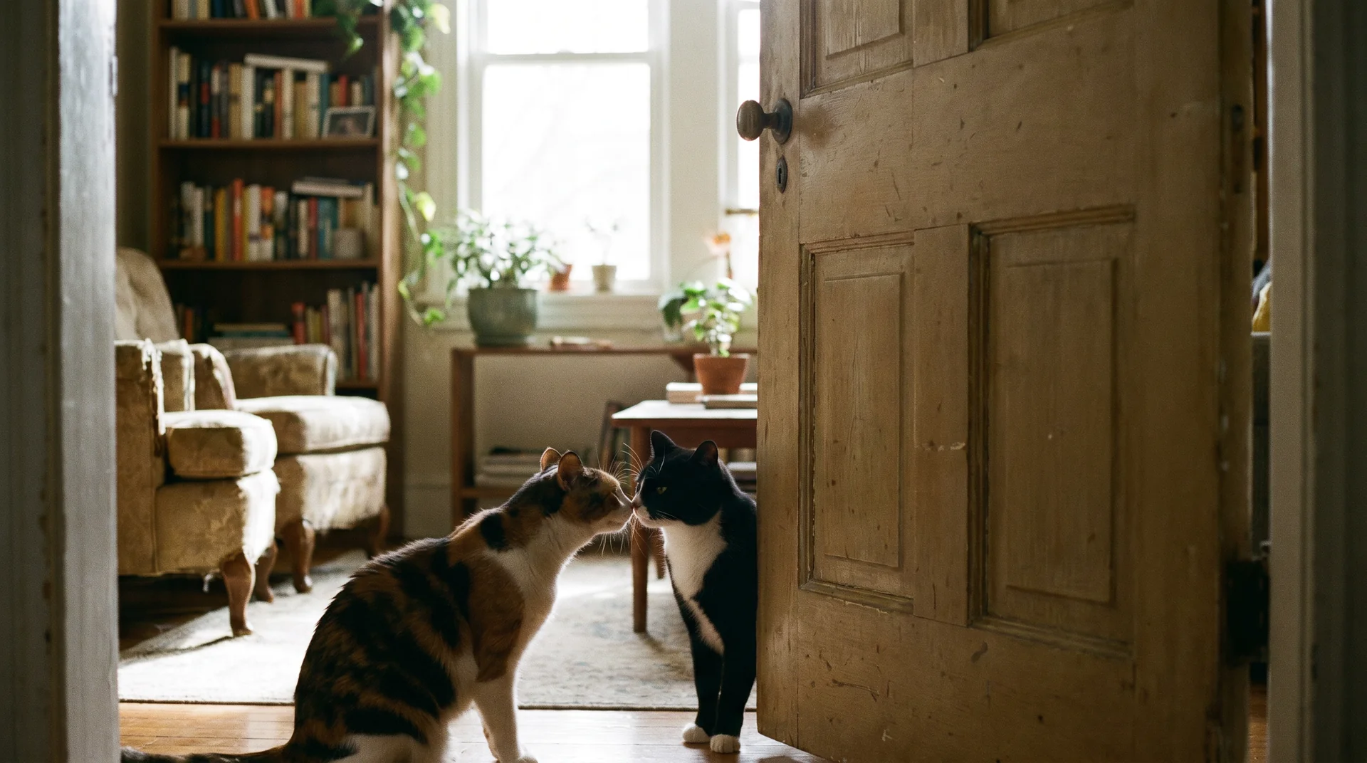 Zweite Katze, zwei Katzen beschnuppern sich vorsichtig